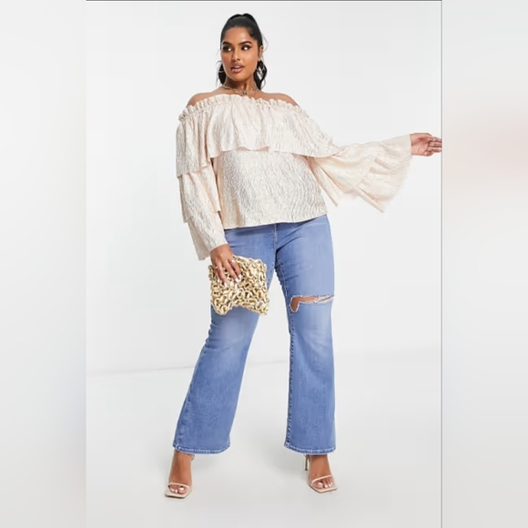 River Island Plus Plisse Bardot Off-Shoulder Cream Ruffle Top - Picture 13 of 15